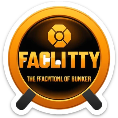 glowing amber industrial emblem above bold text reading “THE FACILITY”, dark background, clean typography, sci-fi bunker aesthetic, high contrast, sticker