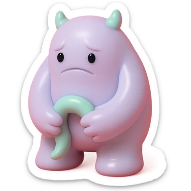 small monster with drooping shoulders, holding its own tail, gentle lighting, subtle colors, toy-like vinyl figure style sticker