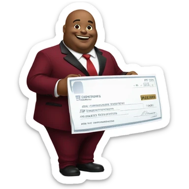 fat guy in dark red velvet suit holding cheque sticker