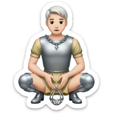 Submissive man on knees wearing female clothes and chastity sticker