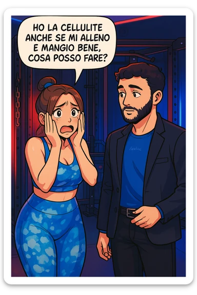 TRASFORMA QUESTO CAROSELLO IN UN FUMETTO STILE WEBTOON/MANGA A COLORI CON QUESTE DUE PERSONE IDENTICHE CHE INTERLOQUISCONO TRA LORO, LA DONNA è DISPERATA CON LE MANI SULLE GUANCE E STA DOMANDANDO TUTTA AGITATA UNA COSA ALL'UOMO:

LEI (DONNA): Ho la cellulite anche se mi alleno e mangio bene, cosa posso fare? sticker