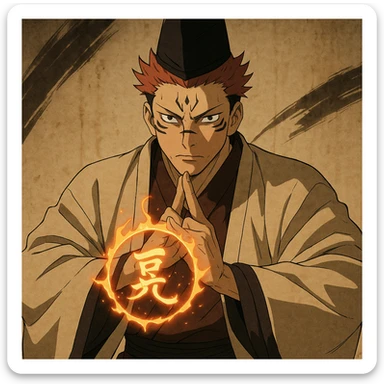 Ryomen Sukuna from the Heian era, serious expression, not smiling, using Ryoi Kenkai technique, traditional Japanese attire, anime style sticker