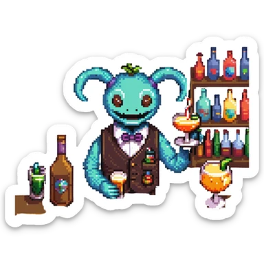 Tipsy bartender mimic creature serving drinks sticker
