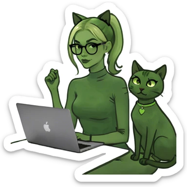 Blonde woman ponytail  with cat and MacBook  sticker