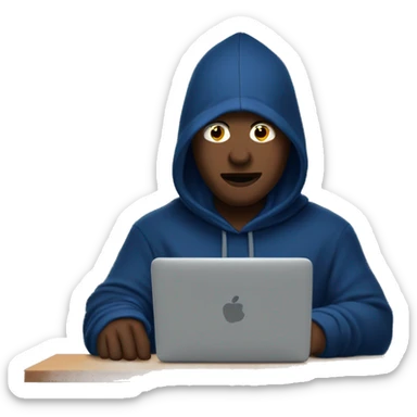 A man in a dark blue hoodie with a capelet on his head, his face not visible in the shadows, is sitting at a computer. sticker