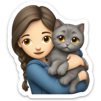 A brunette girl hugs a grey Scottish fold cat sticker