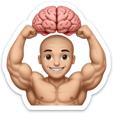 Un cerveau avec un immense sourire blanc, de beaux yeux noirs et de gros bras musclés qui sortent du cerveau sticker