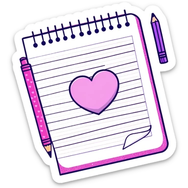 Pink sparkly notebook with purple sparkly pencil and a heart drawn on the paper  sticker