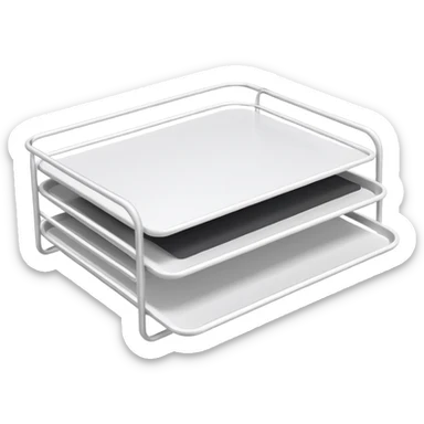 A minimal, clean emoji-style illustration of a white metal desk paper organizer tray, shown in slight isometric view so its structure is readable at a small scale. The organizer is rectangular with rounded corners, made of thin white metal wires, forming two to three stacked horizontal slots.
 sticker