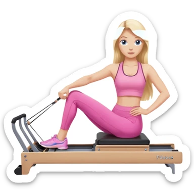  long blown out blonde hair woman blue eyes wearing pink workout set doing pilates reformer sticker
