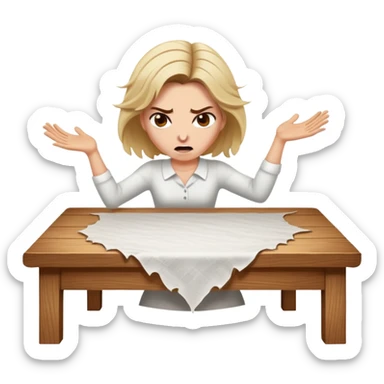 White woman ripping a white tablecloth off of a wooden table in anger sticker