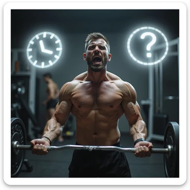 realistic, dramatic; muscular man in modern gym, lifting barbell, exhausted and strained expression, sweat, eyes show mental fatigue, background with ghostly stress icons (clocks, arguments), gym equipment, expressive body language sticker