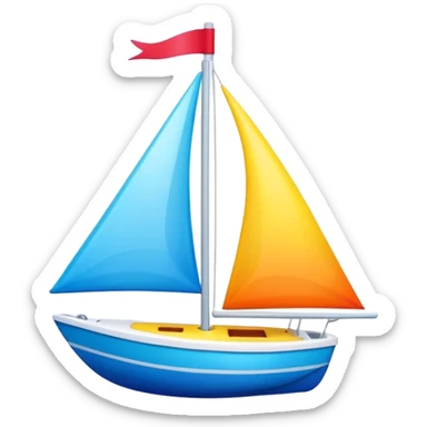 A colorful toy sailboat with a cute smiling face on the bow sticker