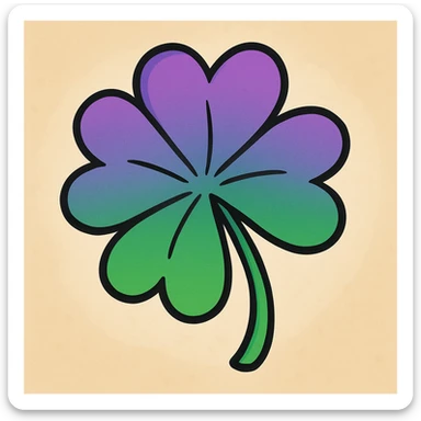cartoon style four leaf clover with a top to bottom gradient from purple to green sticker