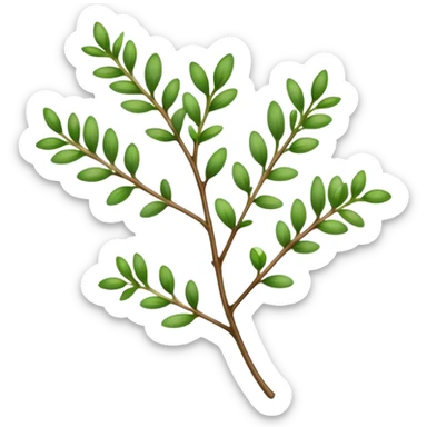 Cinematic Realistic Thyme Emoji, Compact and earthy, with tiny green leaves densely packed on delicate stems. The soft fragrance of the leaves fills the air, creating an atmosphere of warmth and subtle richness. Soft glowing outline, capturing the essence of simplicity and natural healing in a sprig of thyme! sticker