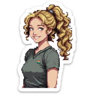 girl cruise director with curly dirty blonde hair in a ponytail, very happy sticker