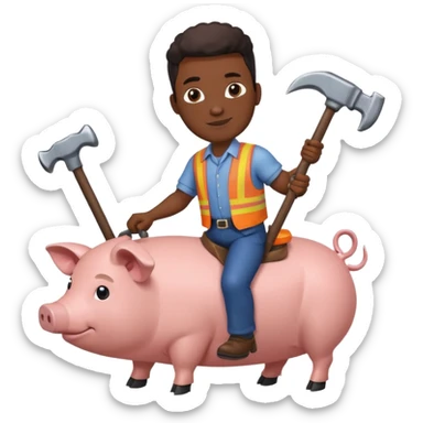 Black man holding a large hammer while riding a pig sticker