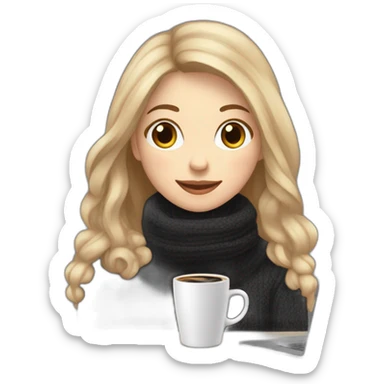 eyes closed smiling woman with pale skin brown long straight hair peeking from behind a laptop holding a large coffee mug wearing a black woolly shirt and a black woolly scarf sticker