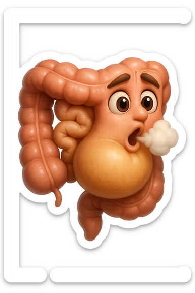 emoji stile iphone di un intestino che ingoia una nuvoletta di aria ben visibile e gli si gonfia la pancia, non fargli il naso, iperrealistico 4k sticker