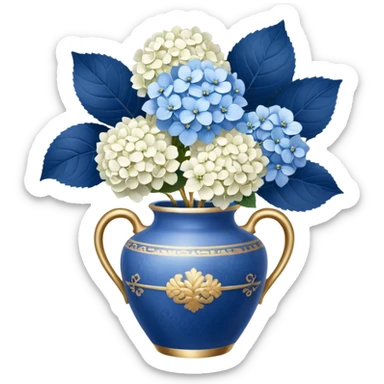 chinoiserie vase white gold handle, with white hydrangeas stem and blue hydrangeas stems sticker