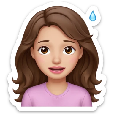 girl with wavy long brown hair, brown eyes, light to medium complexion, long lashes, light pink lipstick, wearing light pink shirt, smiling, crying  sticker