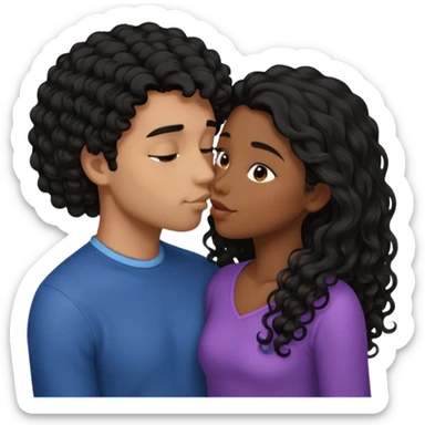 a straight short black hair man kissing a shorter girl with long black curly hair sticker