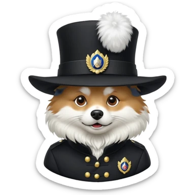 Spitz dog with Napoléon general’s black hat sticker