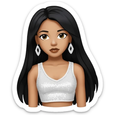 Aaliyah with long black hair, white sequin crop top, medium dark skin sticker