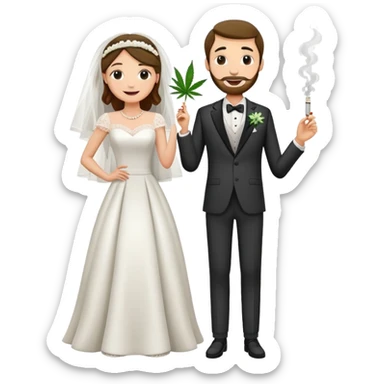 Wedding bride and groom, full body, smoking cannabis together, happy faces sticker