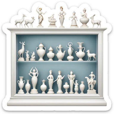 Icon for Porcelain Figurine Collecting: a collection of delicate porcelain figurines, such as animals, dancers, and historical characters, displayed on a shelf or in a display case. The icon should convey the elegance and artistry of collecting porcelain statues. Transparent background. sticker