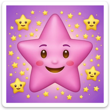 adorable pink star emoji with a smiling face, surrounded by little yellow stars, purple background sticker