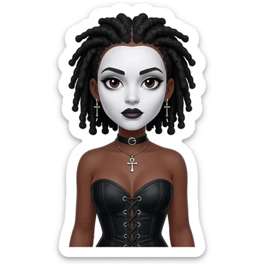 goth black girl with black corset, with brown skin, cross earrings, ankh necklace with center parted short black dreadlocks, whole white face paint sticker