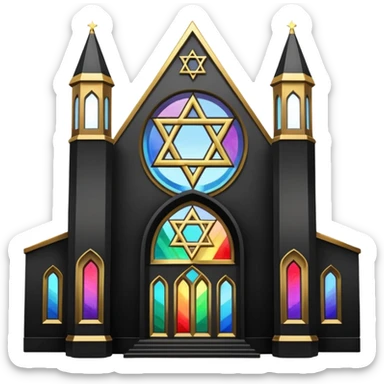 jewish synagogue temple in dark goth aesthetic style with black building and very light tint rainbow stained glass windows. and star of david and celestial symbolism sticker