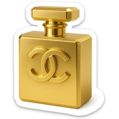 Chanel-inspired perfume bottle, metallic gold, with interlocking C's logo, minimalist and chic sticker