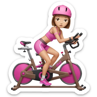 Light tan girl with a brown bob hat style with pink highlights in a pink workout set leaning on a indoor cycle bike sticker