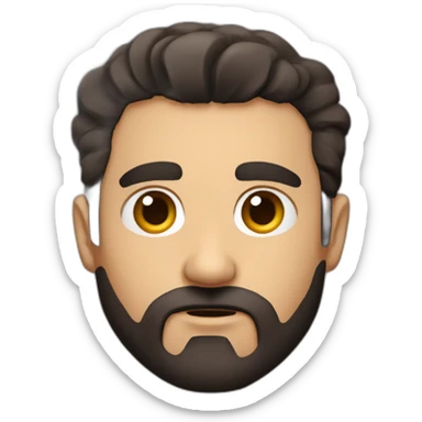 more square head, serios shut mouth, dense eyebrows, serious tired brown dark eyes,  wavy borwn dark hair, a little bit of a  thin beard sticker