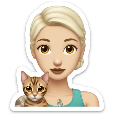 completely bald white girl with brown eyes and tattoos holding a bengal cat sticker