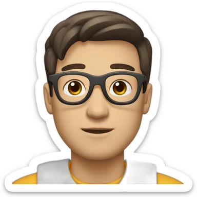 male engineer with white skin, dark brown straight hair spreaded from middle, brown eyes, circular glasses sticker