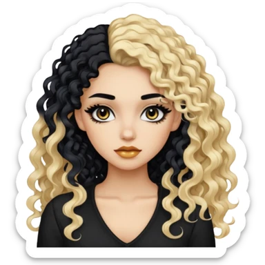 split dye leftside blonde rightside black hair, baddie, pretty makeup, black eyeliner, long curly hair sticker
