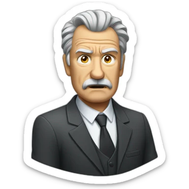 angry old beardless man with sideways hair. He is wearing a suit sticker