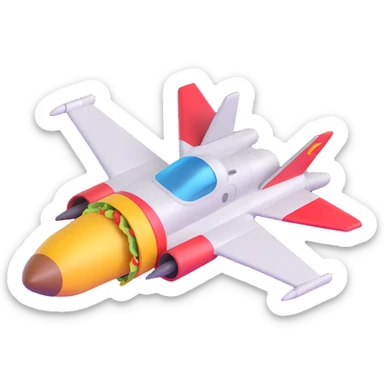 jet fighter inspired by Top Gun, holding a taco emoji under its wing, energetic and fun sticker