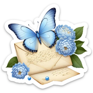 A delicate still life of a pale blue butterfly resting on an aged love letter, sealed with golden wax, accompanied by a bouquet of white peonies and soft blue hydrangeas, with pearl beads scattered nearby.
 sticker