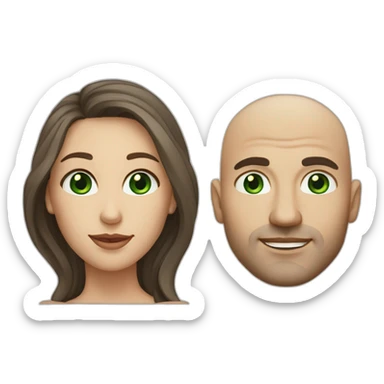 caucasian bald man with green eyes and a caucasian woman with long curly dark hair and brown eyes sticker