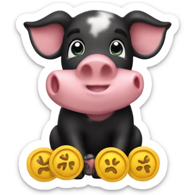 a black piglet holding 4 pouches with "luck”written on it sticker