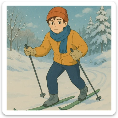 person skiing cross-country, Ghibli-inspired, gentle shading, snowy background, friendly look sticker