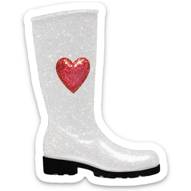 glittery white knee high gogo boot with a sparkly bedazzled cutout heart on the side sticker