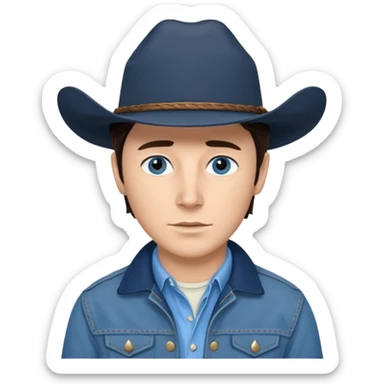 Jack Twist from Brokeback Mountain with blue eyes, dark brown hair, light blue shirt, navy blue jacket and cowboy hat sticker