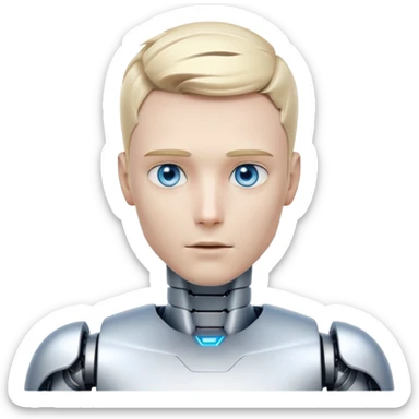 Male humanoid robot with short blond hair, metallic face, digital eyes, sharp jawline, futuristic sticker