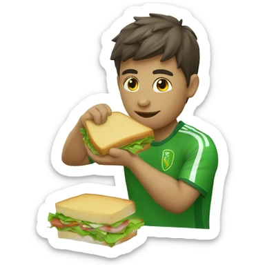 soccer player wearing a green shirt with a broom in their hand eating a sandwich sticker
