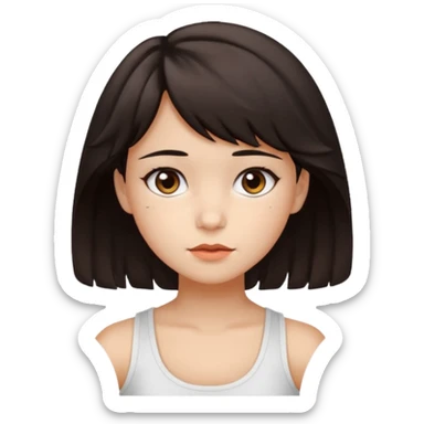 A pretty girl with dark brown eyes and short wavy dark hair with short side bangs and a neutral expression, with chinita skin and a white tank top(not sleeveless)emoji sticker